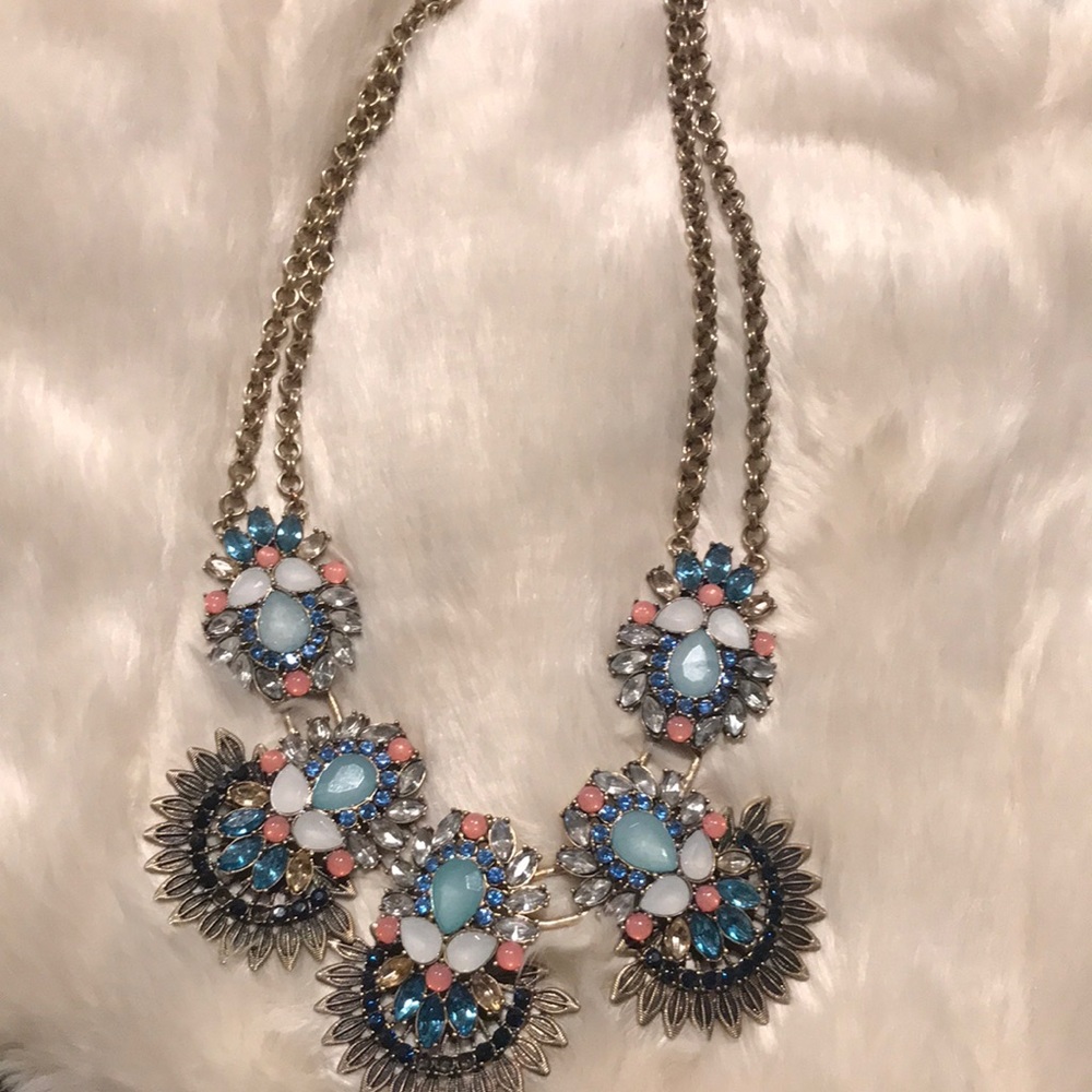 Pastel blue and pink gold toned statement necklace